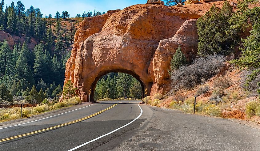 Arch tunnel through rock along scenic highway 12 near Red Canyon. Utah