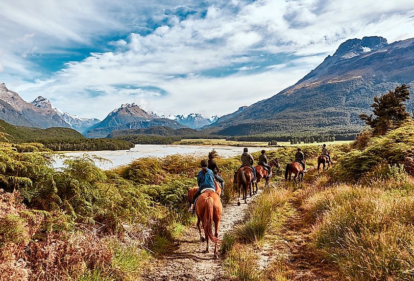 Tourist embark on horseback on a farm in Glenorchy, New Zealand.