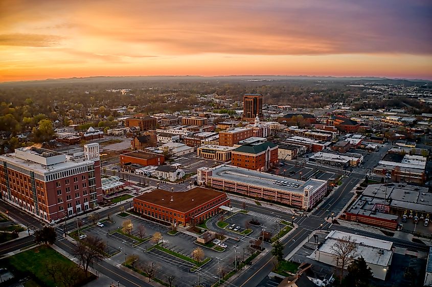 Aerial view of Murfreesboro, Tennessee at sunrise.