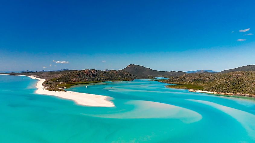 Whitehaven Beach and Hill Inlet seen from above.