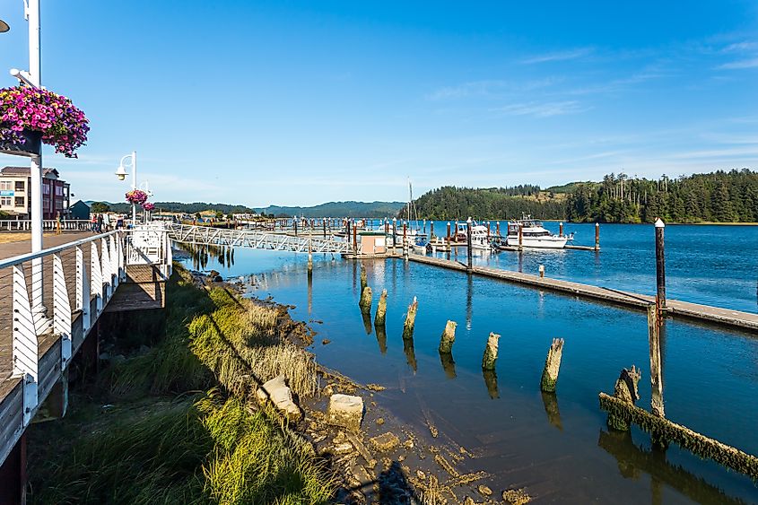 Riverwalk in the Siuslaw River in Florence, Oregon.