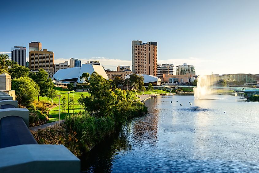 Aerial view of central Adelaide, the capital of South Australia.
