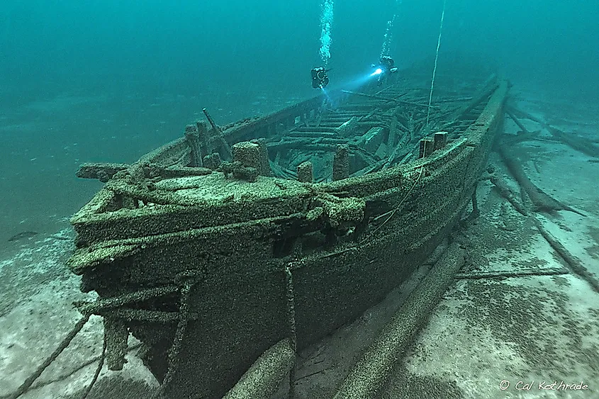 Bow of the Rouse Simmons aka Christmas tree ship, in Lake Michigan by underwater photographer Cal Kothrade.