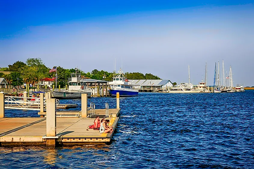 People on a landing dock for Cumberland Island at St. Mary's in Georgia.