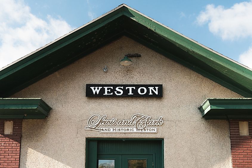 A sign for Weston at the old train station.