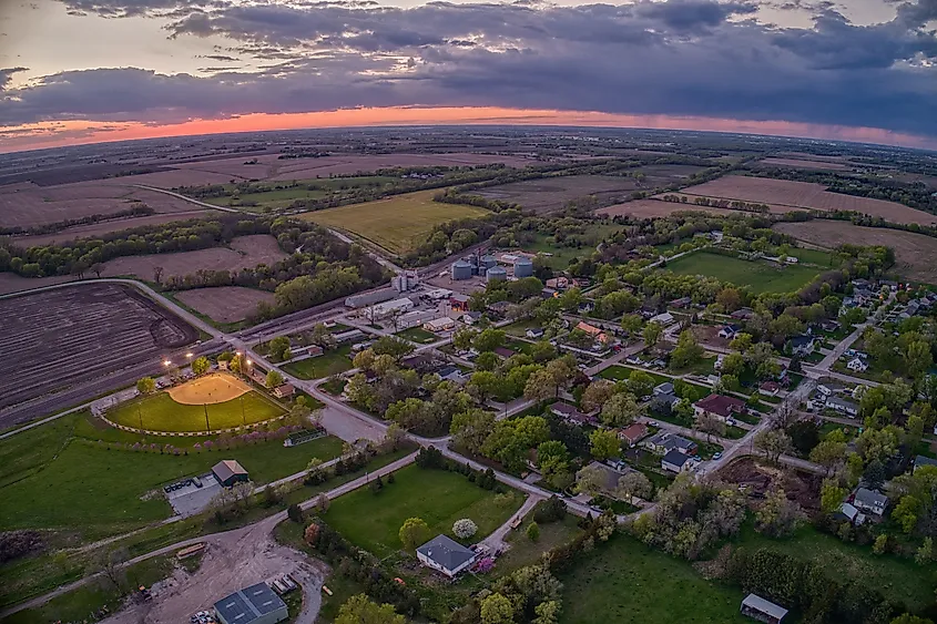 An aerial view of Roca, Nebraska at sunset.