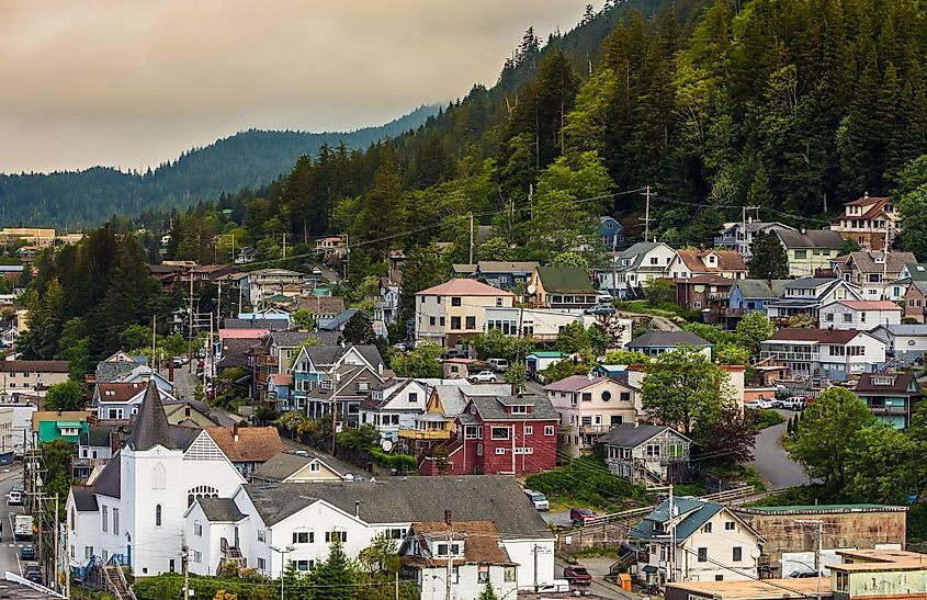 Bird's eye view of a historic residential neighborhood in Ketchikan, Alaska