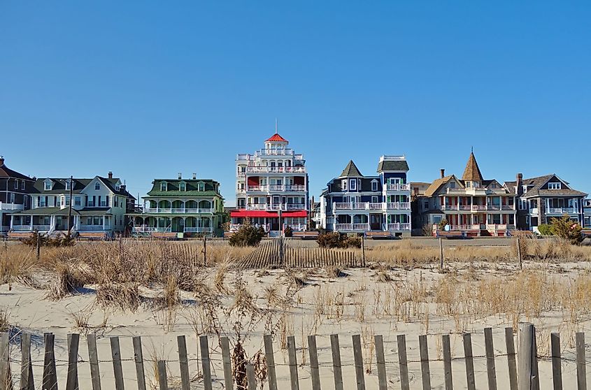 Colorful historic Victorian houses line the beachfront in Cape May, New Jersey