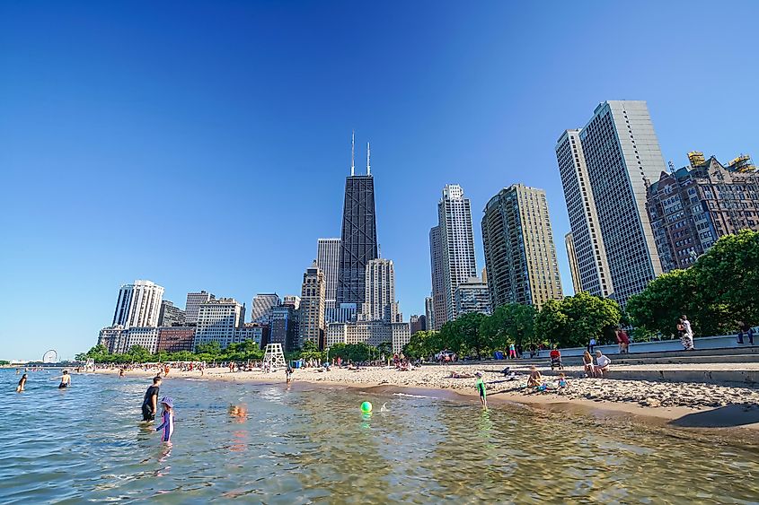 Chicago skyline from North Avenue Beach with blue sky