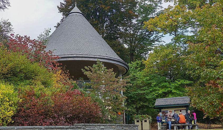 Visitors at the entrance to Grey Towers, former home of Gifford Pinchot, a National Historic site.