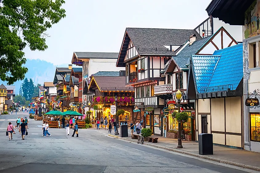 People enjoy a warm summer evening on the street in Leavenworth, Washington.