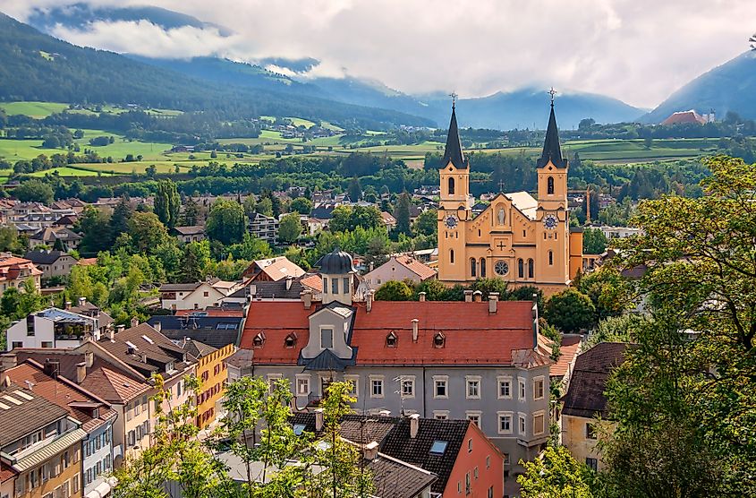 Church of the Assumption of Mary in the old town of Brunico (Bruneck), South Tyrol, Italy.