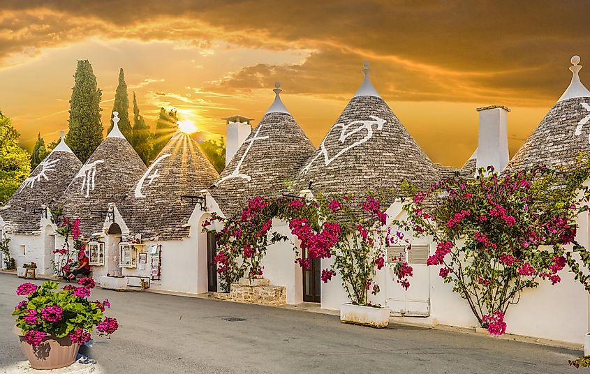 Trulli houses in Alberobello city during sunset in Apulia, Italy.