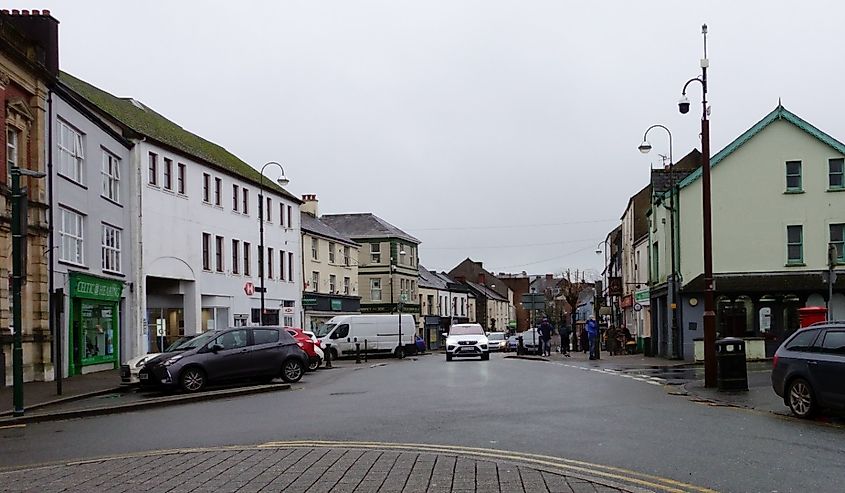 Buildings and traffic on Lammas Street in the town center at Carmarthen, Carmarthenshire, Wales.