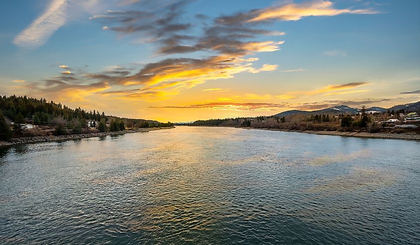 The Priest River seen at sunset in the town of Priest River, Idaho US