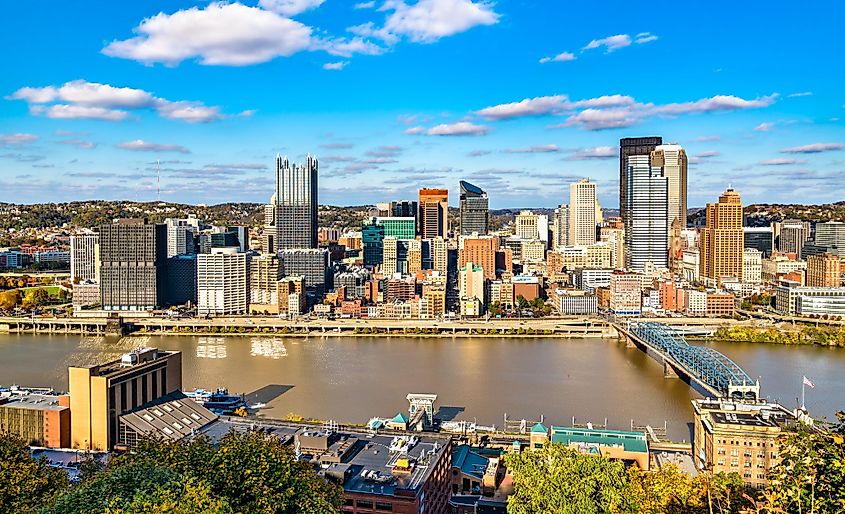 Downtown Pittsburgh and Smithfield Street Bridge across the Monongahela River in Pennsylvania