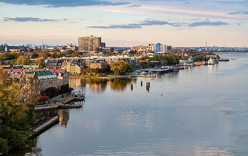 Wide view of the historic city of Alexandria and the waterfront property along the Potomac River in northern Virginia