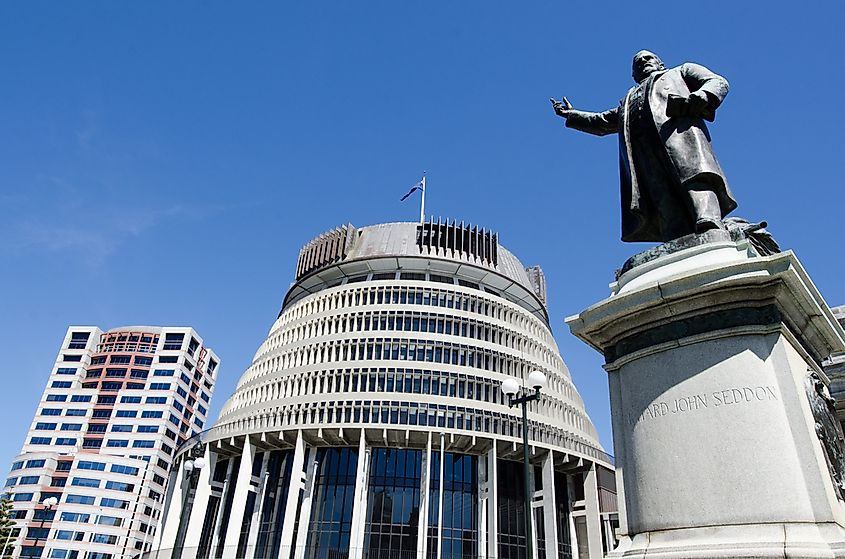Parliament buildings, including the Beehive, in Wellington, New Zealand.