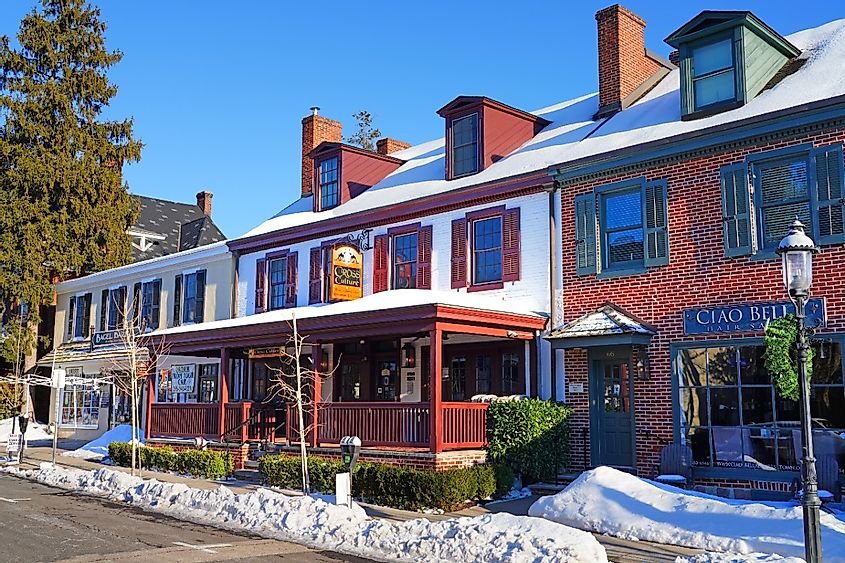 Winter view of downtown buildings in historic Doylestown, Bucks County, Pennsylvania.