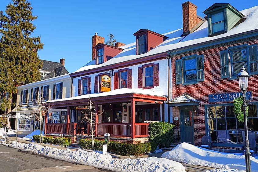 Winter view of downtown buildings in historic Doylestown, Bucks County, Pennsylvania.