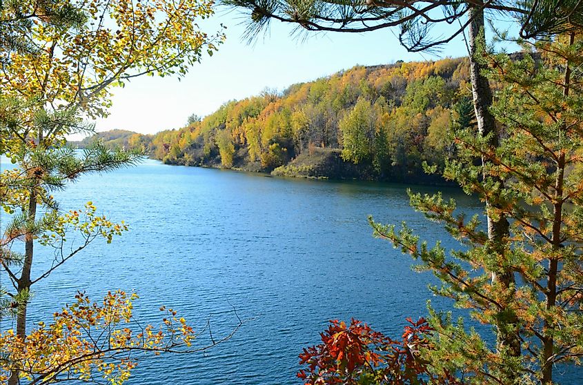 Panoramic autumn overlook on scenic Huntington mine lake, in the Cuyuna Country State Recreation Area of northern Minnesota.