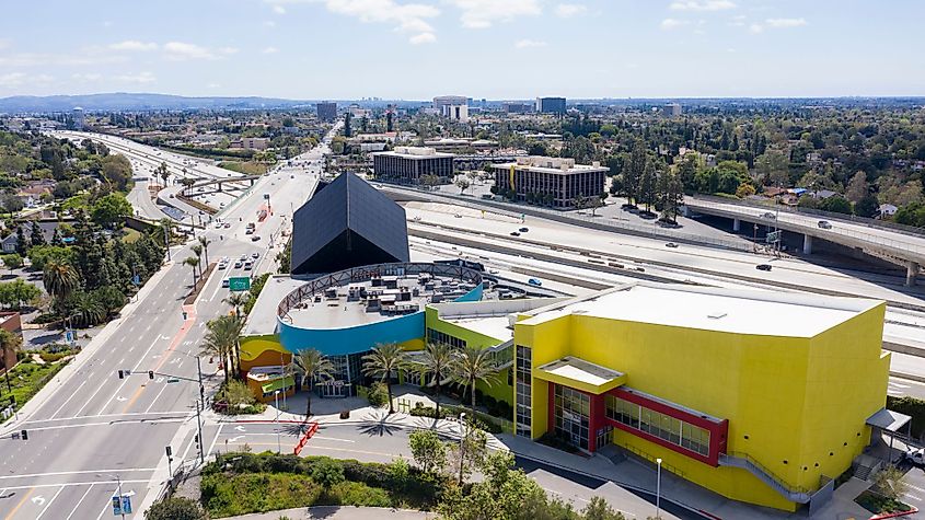 Aerial view of traffic on the 5 freeway passing by the Discovery Tube in downtown Santa Ana, California