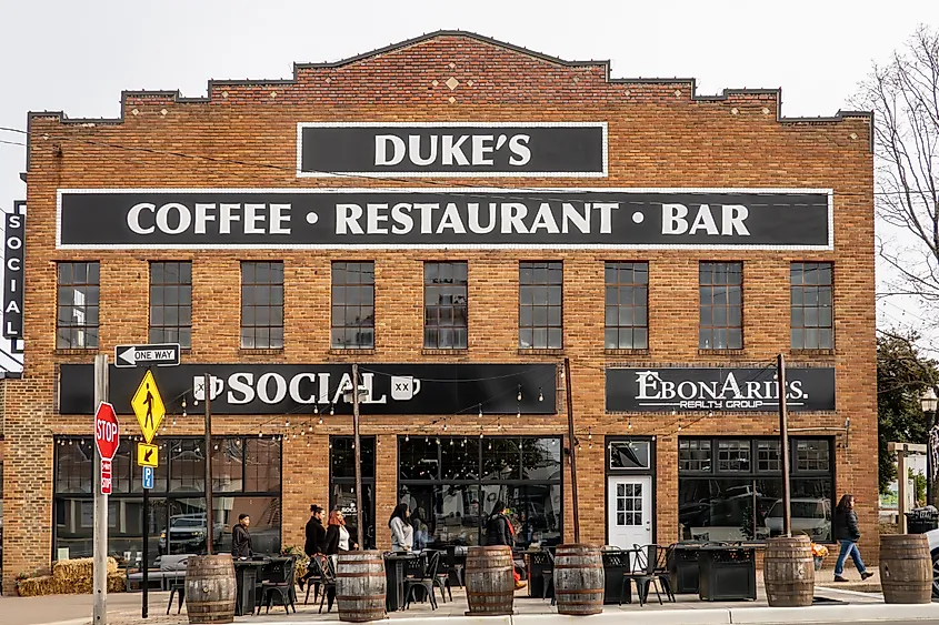 The old brick facade of Duke's restaurant and cafe in Leonardtown, Maryland