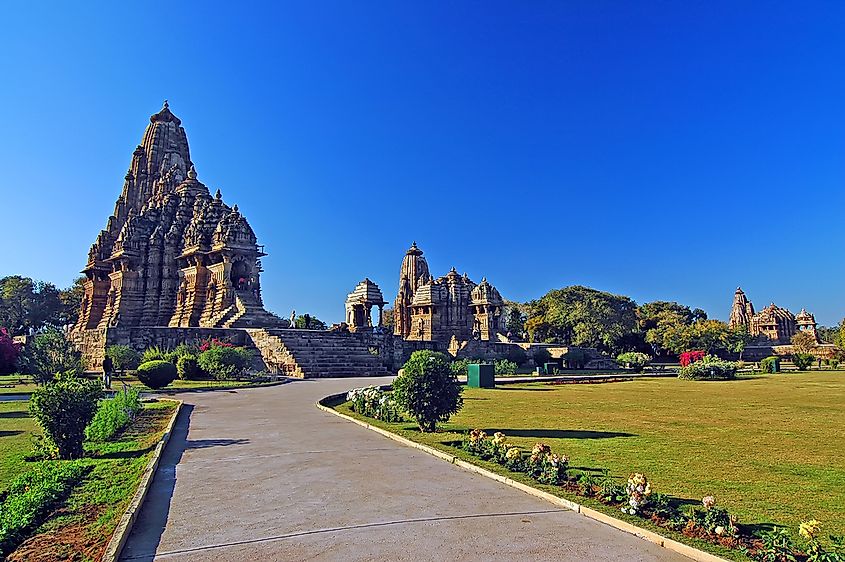 Khajuraho temple complex with tall shikhara towers