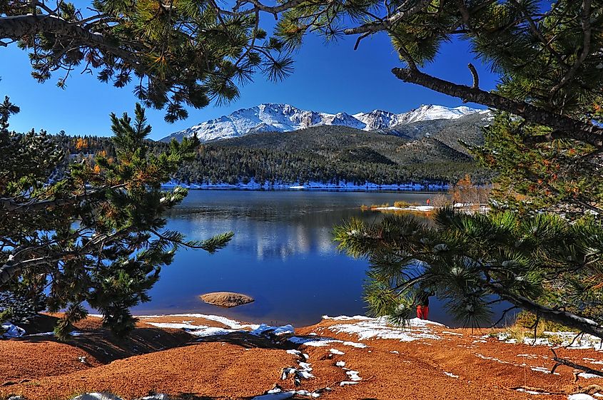 Crystal Reservoir after a snow with Pikes Peak