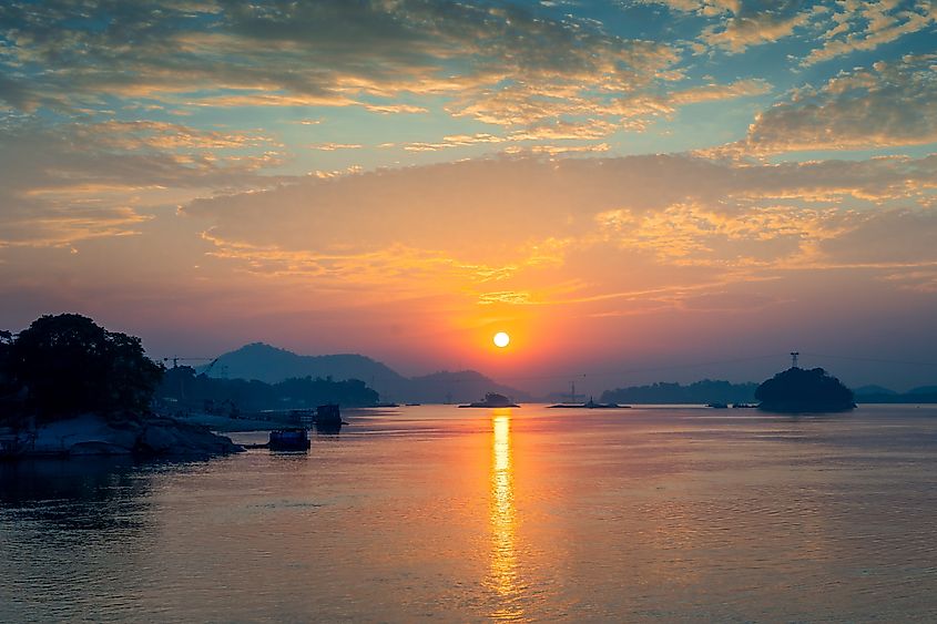 Stunning sunset view of the riven Brahmaputra in Kaziranga national park, Assam, India