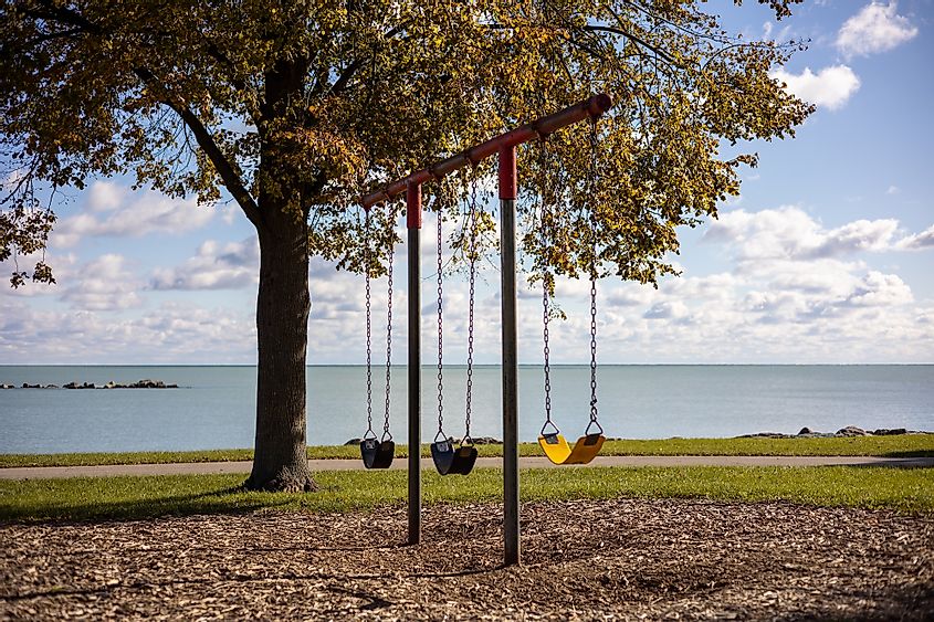 Swings in front of Lake Michigan at Eichelman Park