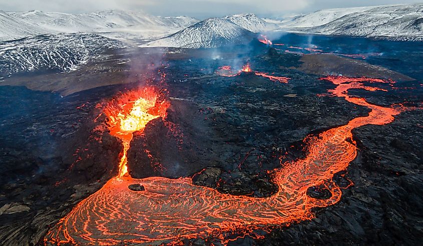 Lava Flows on active volcano aerial view, Mount Fagradalsfjall, Iceland