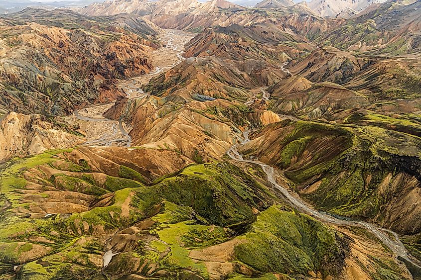 An aerial view of the Highlands of Iceland near Landmannalaugar with its colourful mountains and valleys