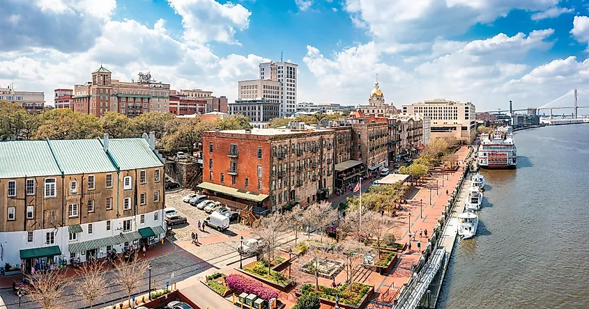 Aerial view of Savannah, Georgia skyline along River Street