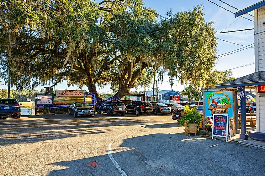 Waterfront cafes and shops along the Intracoastal Waterway of the Atlantic coast in Little River, South Carolina.