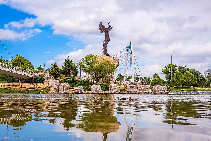 The confluence of the Arkansas and Little Arkansas River at the Keeper of the Plains near downtown Wichita