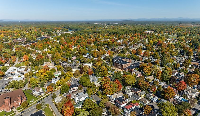 Early afternoon autumn aerial photo view of Saratoga Springs New York