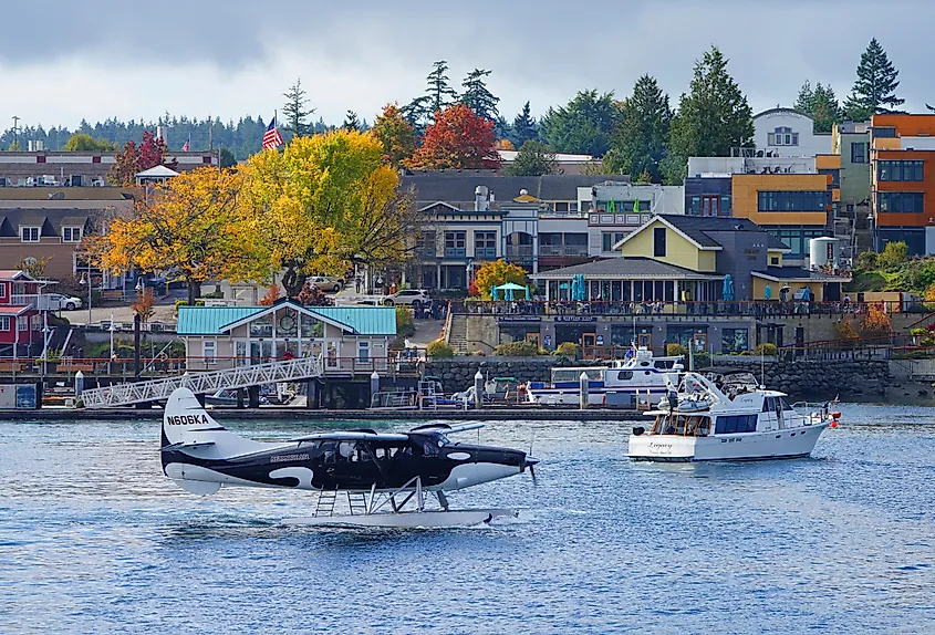 A floatplane docked at the waterfront port of Friday Harbor on San Juan Island, Washington.