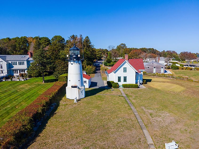 Aerial view of Warwick Lighthouse at Warwick Point in Warwick, Rhode Island, USA.