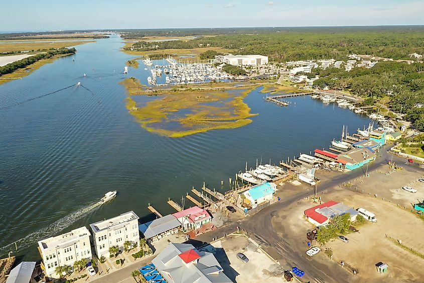 Southport North Carolina water front. Restaurants and a view of downtown. Located on the mouth of the cape fear river.