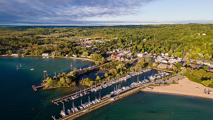 The harbor and town of Suttons Bay, on Grand Traverse Bay, on Lake Michigan.
