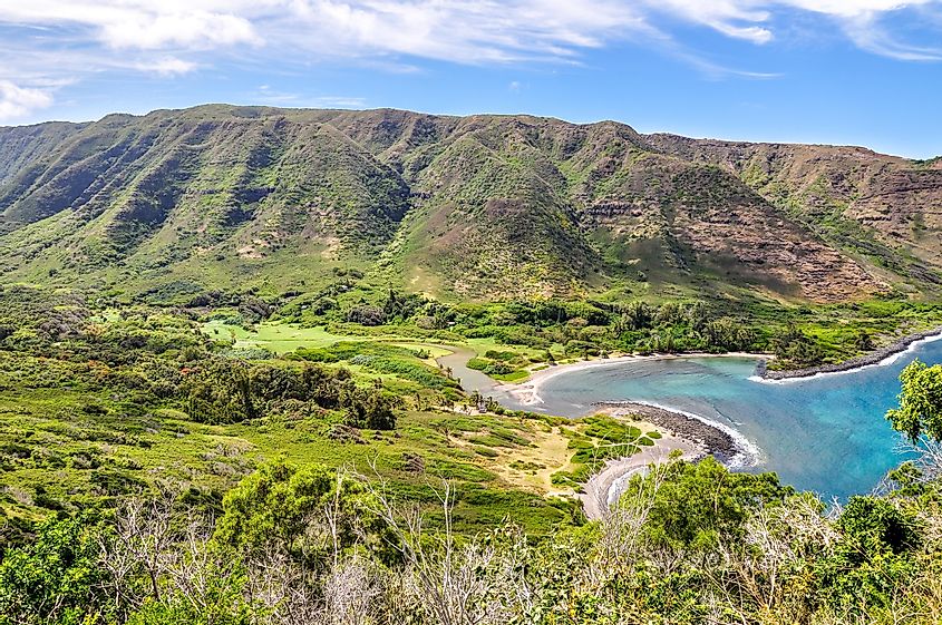 Beautiful view of Halawa Beach Park and the Halawa Valley on the remote island of Molokai 
