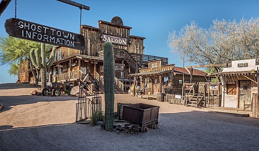 Old saloon, gallery and jail in Goldfield Ghost town. Goldfield, later Youngsberg was a gold mining town, now a ghost town in Pinal County, Arizona.