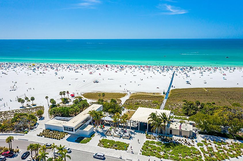 Siesta Key Beach Sarasota Florida Beautiful Sunny Day With Bright Blue Water During Spring Break Tourist Season Boaters Vacation White Sands