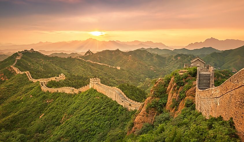 A close view of the brick and stone construction of the Great Wall.