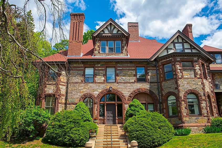 Prescott Estate is a historic house with Medieval Revival built in 1885 at 770 Centre Street in village of Newton Centre, Newton, Massachusetts