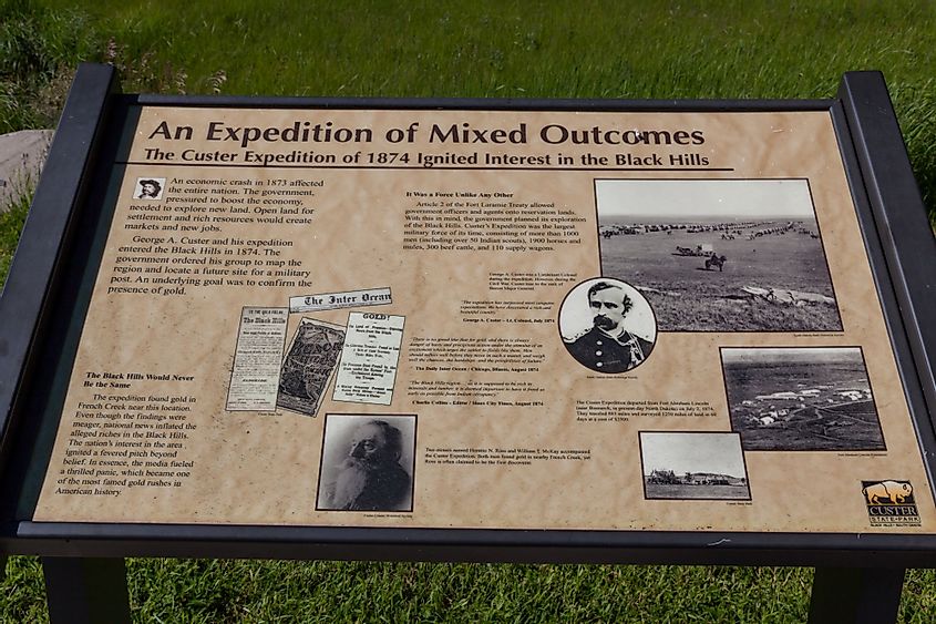 A sign explaining the history of Custer Expedition in Custer State Park, South Dakota