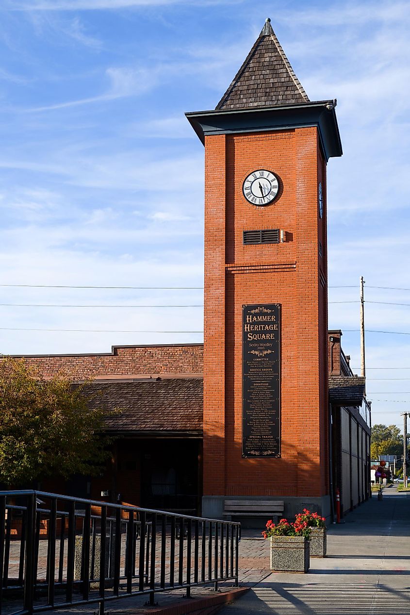 Clock Tower in Hammer Heritage Square in Sedro-Woolley, Washington