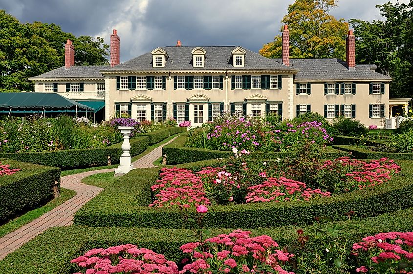 East Front of Hildene - Robert Todd Lincoln's summer home and its formal gardens in Manchester, Vermont