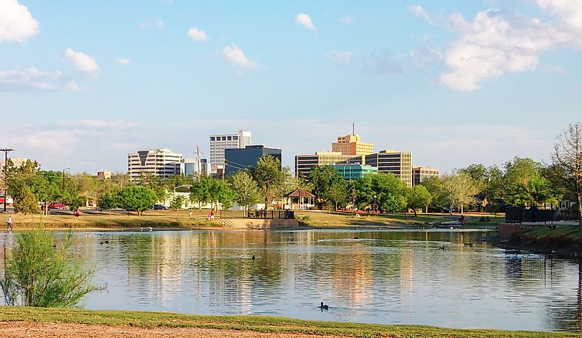 Downtown Midland, Texas on a sunny day as seen over the pond at Wadley Barron Park